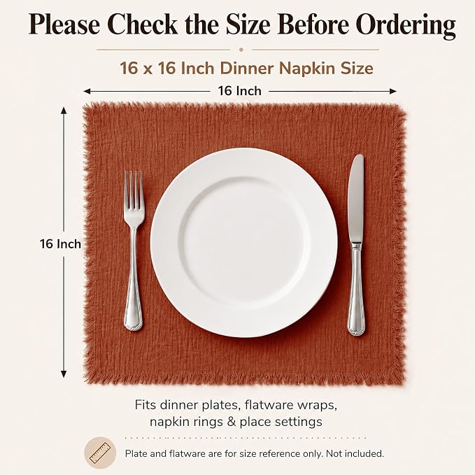 50 Pack Terracotta Cloth Napkins, 16 x 16 Inch Cotton with Fringe Settings | Handmade washable reusable cotton dinner napkins in bulk for weddings, parties, rustic boho table settings - Image 2