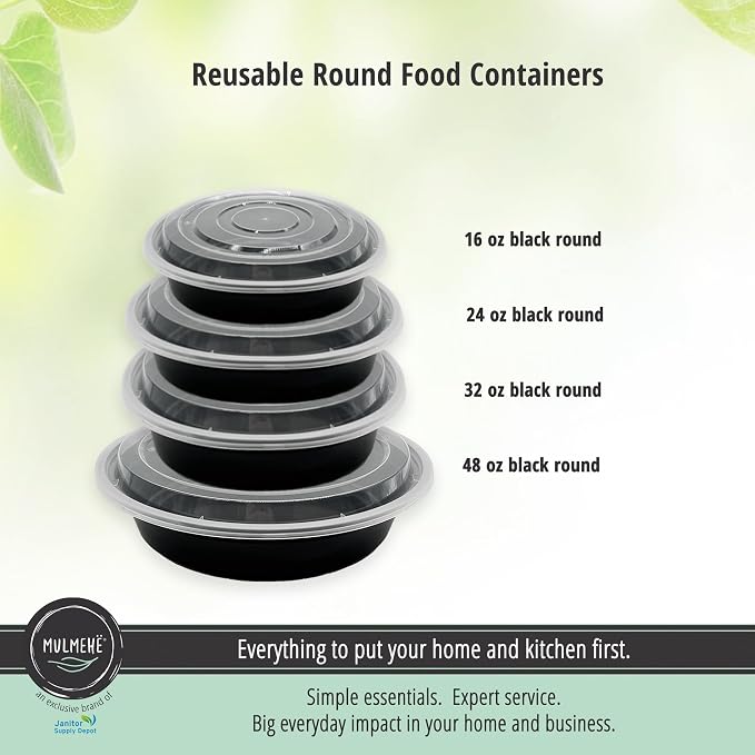 MULMEHË Plastic Food Storage Take-Out Container and Lid Combo, 32 oz, Microwaveable, Round, Black, 7x2”, Set of 150 - Image 4