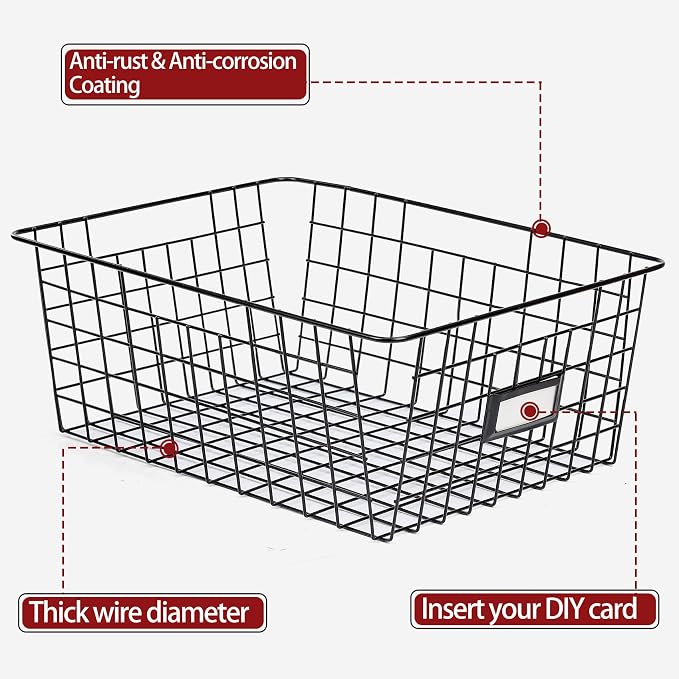 8 Set, Extra Large Wire Baskets for Organizing with Lables, Cabinet Pantry Organization and Storage Bins - Metal Basket for Kitchen, Laundry, Garage, Fridge, Bathroom Countertop Organizer, Black - Image 7