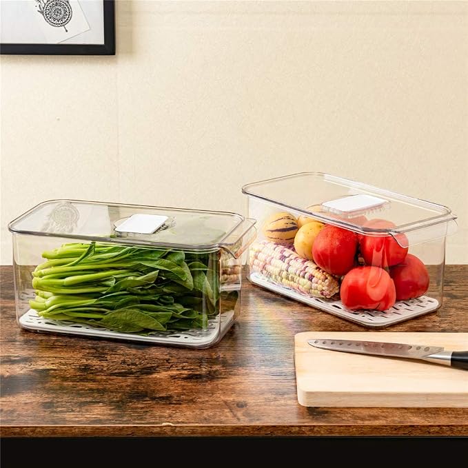 Slideep Refrigerator Food Storage Containers, Lettuce Keeper Large Produce Saver Stackable Container with Lids & Removable Drain Tray, Clear Veggie Fruit Salad Lettuce Container -2 Pack - Image 6