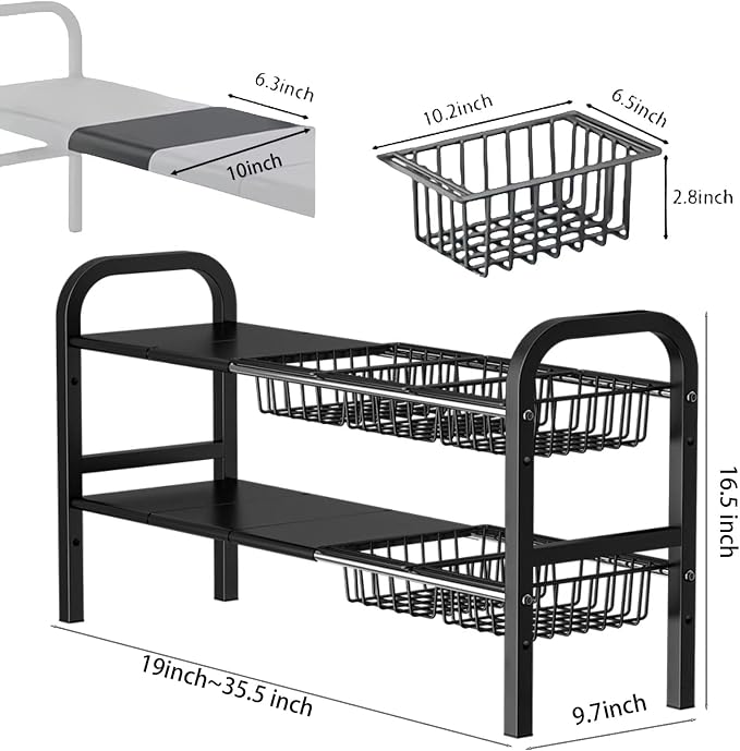 Under Sink Organizer，2 Tier Expandable Heavy Duty Metal Shelf，with 5 Removable Panels and 5 Storage Basket for Under Kitchen Bathroom Sink Organizers and Storage(Black, Large) - Image 2