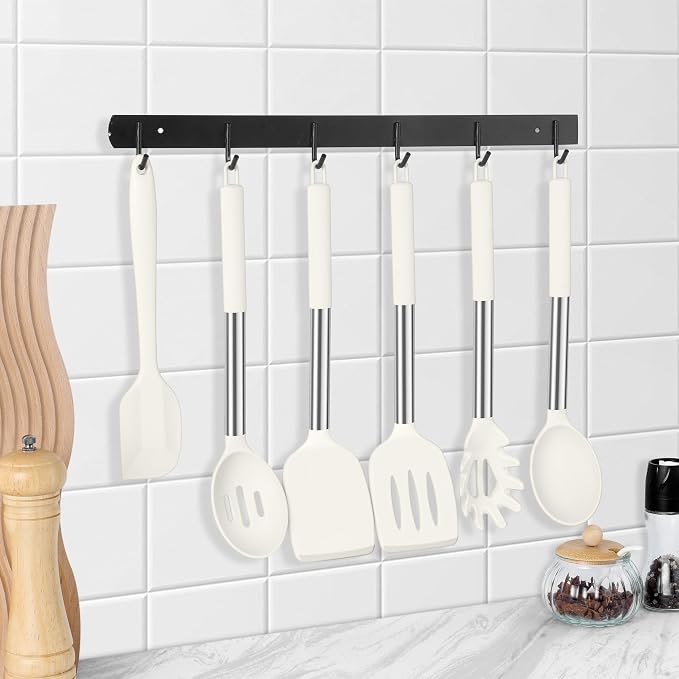 LIANYU 15 Pcs Cooking Kitchen Utensils Set with Stainless Steel Handle | Silicone Kitchen Gadgets with Holder, Heat Resistant Spatula Tools, Brush Spoon Tong Whisk Ladle Turner for Cookware, White - Image 8
