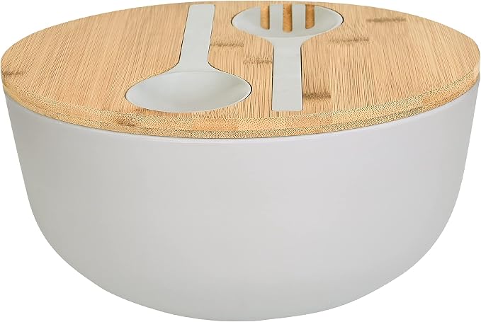 LOVYANXUE Bamboo Fiber Salad Bowl with Servers Set Large 9.8inches Nature Bamboo Mixing Bowl with Servers with Lid Spoon and Fork for Fruits,Salads and Vegetables by LOVYANXUE
