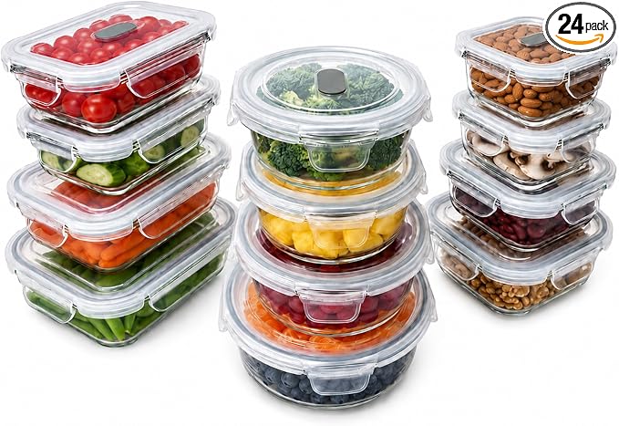 24PC Gray Glass Meal Prep Containers, Airtight Leakproof Snap Lids, Reusable Food Storage for Lunch Leftovers, Oven Microwave Freezer Dishwasher Safe by DASAAN