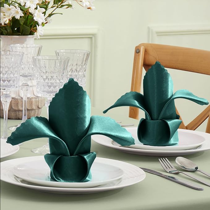 VACVELT 100 Pack Hunter Green Scalloped Satin Napkins 17x17 Inch Wedding | Scalloped Floral Edges With Silky Smooth Finish, Seamless Design, Machine Washable Wrinkle And Fade Resistant - Image 2