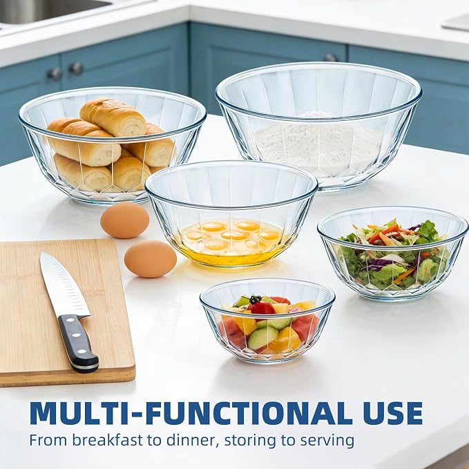 Luvan 5-Piece Glass Mixing Bowls Set with Lids - Clear Salad Bowls with Lids Set, Diamond Pattern Large Glass Mixing Bowl for Baking Prep, Serving & Storage - Image 7