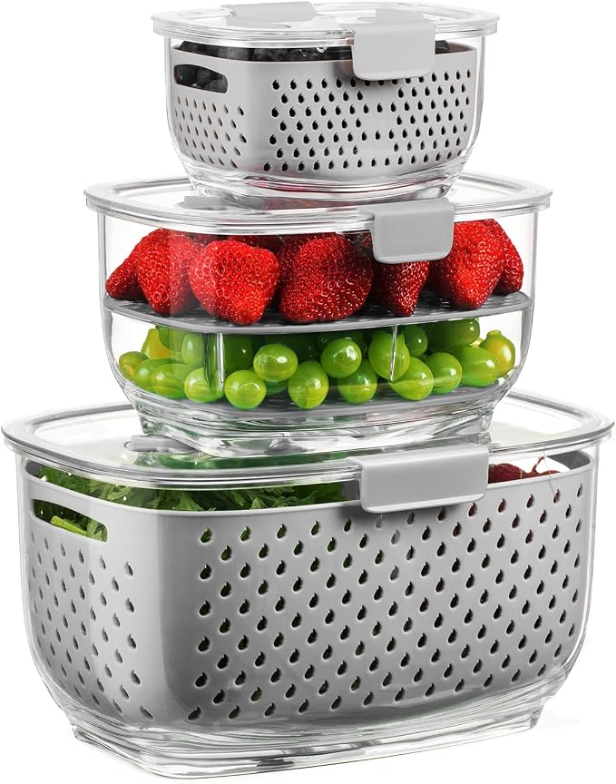 LUXEAR Fresh Produce Vegetable Fruit Storage Containers 3Piece Set, BPA-free Fridge Storage Container, Partitioned Salad Container, Fridge Organizers, Used in Storing Fruits Vegetables, Gray by Luxear