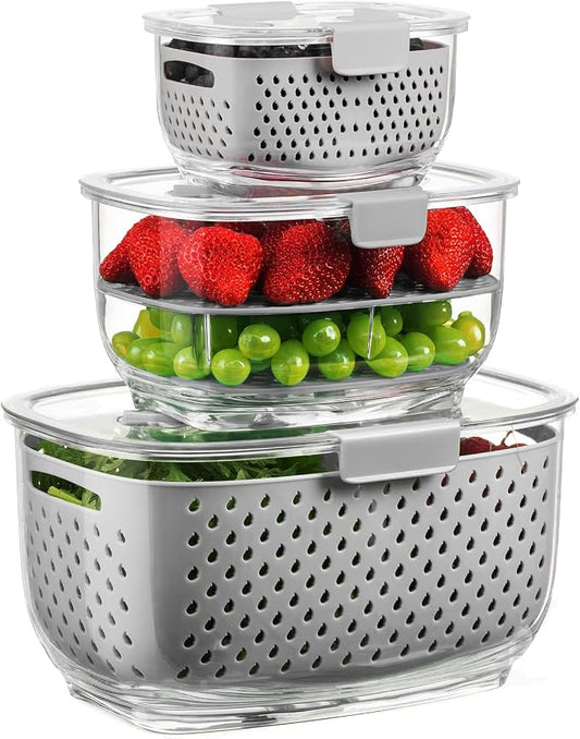 LUXEAR Fresh Produce Vegetable Fruit Storage Containers 3Piece Set, BPA-free Fridge Storage Container, Partitioned Salad Container, Fridge Organizers, Used in Storing Fruits Vegetables, Gray by Luxear