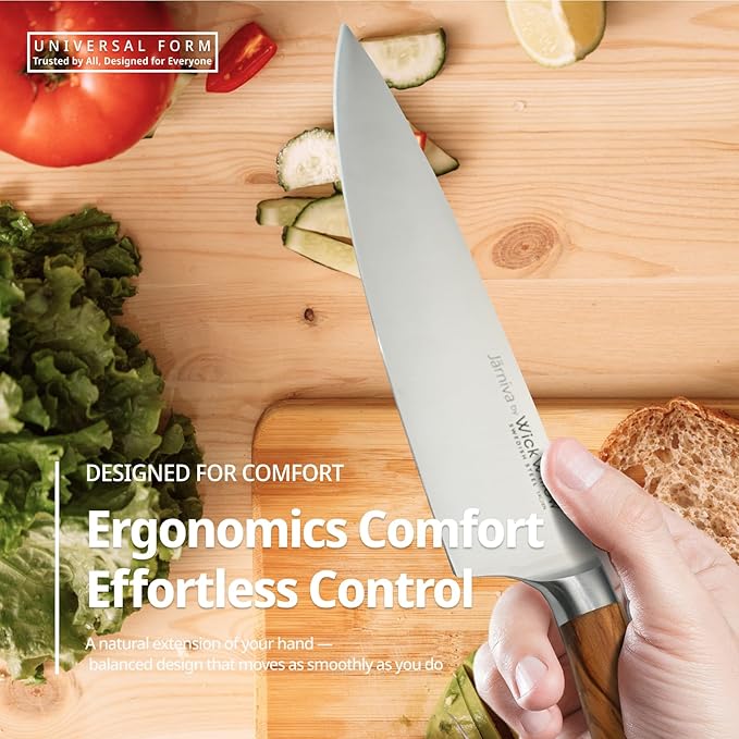 WICKWILLOW 8” Chef Knife – Swedish Steel, Professional, Olive Wood | Ideal for meat, vegetables and daily prep. Hand wash only. Gift box included. | Jarniva Series - Image 3