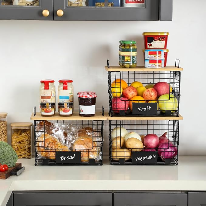 2 Set XL Stackable Wire Basket with Bamboo Tops & Tags- Pantry Organizer and Storage Bins, Kitchen Counter Cabinet Shelf Countertop Under Sink Organizing, Food Snack Produce Onion Potato Bread Storage - Image 3