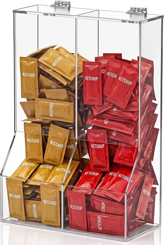 1 Pcs Divided Condiment Bin with Lid 2 Compartment Condiment Packet Organizer Sugar Packet Wrapped Candy Caddy Clear Acrylic for Bakery Restaurant Retail Stores, 8.5" W x 4" D x 12.25" H by Unknown