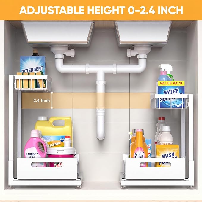 2-Pack L-Shaped Under Sink Organizer, 2-Tier Pull-out Cabinet Rack | White Height-Adjustable Steel Rack, Sliding Grid Drawers with PP Liners, Holds 100 Lbs, Suction Base, Ideal Kitchen Storage - Image 2