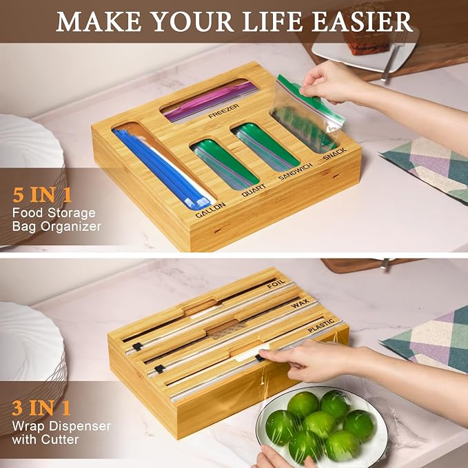 9 IN 1 Bamboo Foil and Plastic Wrap Organizer for Kitchen Drawer, Plastic Bag Organizer Organization and Storage, Food Storage Bag Organizer with Labels for Quart Gallon Snack Sandwich Bag - Image 5