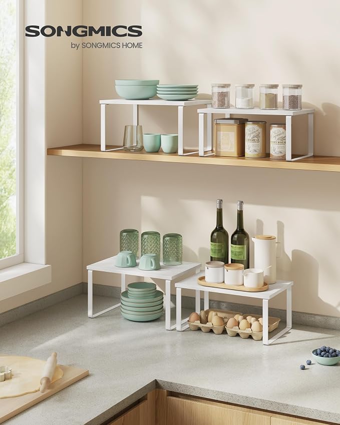 SONGMICS Cabinet Organizer Shelf, Set of 2 Kitchen Counter Shelves, Kitchen Storage, Spice Rack, Stackable, Expandable, Metal and Engineered Wood, Cloud White and Snow White UKCS02W01 (Pack of 2) - Image 2