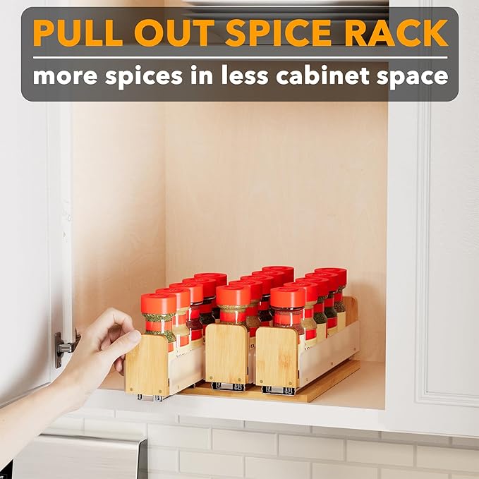 SpaceAid Bamboo Pull Out Spice Rack Organizer for Cabinet, Heavy Duty Slide Out Seasoning Kitchen Pantry Sliding Vertical Organization, 7.6" Wide, 3 Drawers(2" Wide), 1-Tier, Natural - Image 5