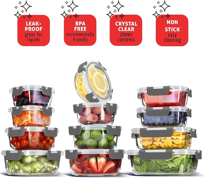 EATEX 24pc Glass Storage Containers with Lids, 12 Glass Food Storage Containers with 12 Airtight Lids for Pantry & Kitchen, Meal Prep Containers for Lunch, Oven Freezer Microwave & Dishwasher Safe - Image 7