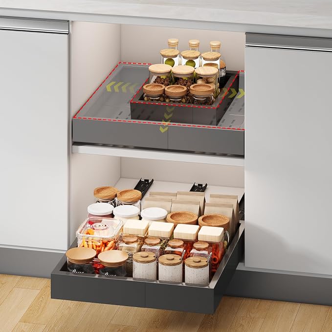 Fokyfok Pull out Cabinet Organizer,11"-16"W,17"-24"D,Expandable,Adhesive | No Drill,3 Rails,Adjustable Slide out Drawers for Kitchen,Pantry,Roll out Shelves,for Cabinets Without Lip,Bathroom,Black,1PC by Fokyfok