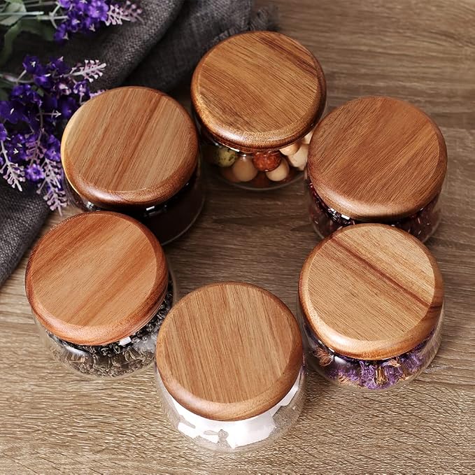 SAIOOL Kitchen Canisters Set of 6-8.5oz Glass Spice Jars With Acacia Airtight Lid and Labels Round Spice Bottles for kitchen Seasoning Baby Food Kids Snacks Meal Prep Containers Candle | Acacia Airtight Lid, Labels Included, Round Spice Bottles, Meal P... - Image 6