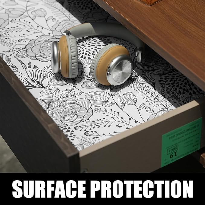 Floral Drawer and Shelf Liner for Kitchen 12IN x 20FT, Non-Adhesive | Strong Non-Slip Cabinet Drawer Liners, Waterproof Thickened Shelf Liner,Easy to Clean,Black and White - Image 3