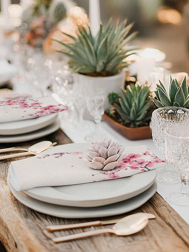 Cherry Blossom Cloth Napkins Set of 4 - Washable Dinner Napkins Reusable Table Napkins for Home Party Weeding Dining Table Setting Decoration, Pink Asian Japanese Burlap Beige Oversized 20"x20" - Image 5