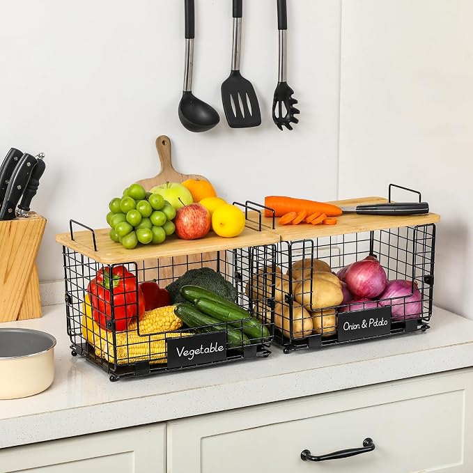 2 Set XL Stackable Wire Basket with Bamboo Tops & Tags- Pantry Organizer and Storage Bins, Kitchen Counter Cabinet Shelf Countertop Under Sink Organizing, Food Snack Produce Onion Potato Bread Storage - Image 9
