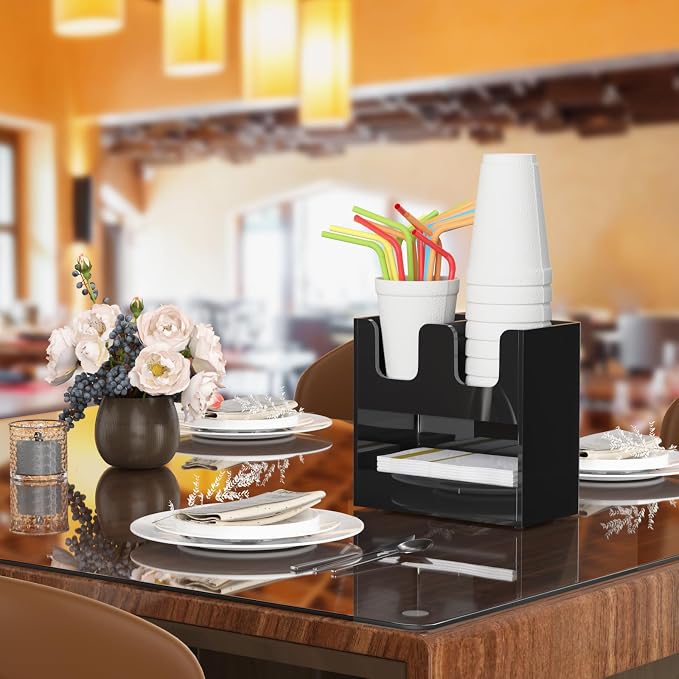 Beego 3-Compartment Cup Holder for Countertop - 2-Tier Black Acrylic Cup Dispenser Coffee Station Paper Cup and Lid Organizer Condiment Storage for Restaurant Breakroom Kitchen Bar Accessories - Image 4