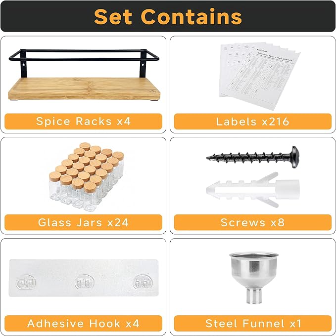 4-Tier Wall Mount Spice Rack Organizer with 24 Glass Jars, 216 Labels & Funnel - Screw/Adhesive Mount, Black Metal & Bamboo Spice Storage for Kitchen Pantry Cabinet, 11.6”W x 2.4”D x 3.2”H - Image 2