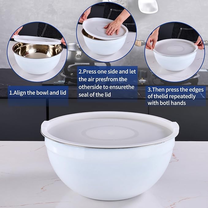 White Mixing Bowls With Airtight Lids,Stainless Steel Bowl,Salad Bowls 7 Piece Colorful Nesting Bowl White Kitchen Accessories,Size 7,3.6,2.7,2.1,1.5,1.1,0.8QT Stackable Design - Image 3