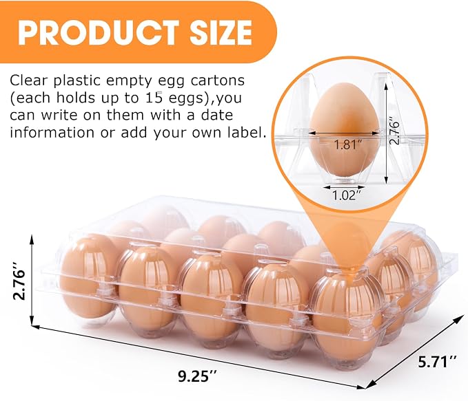 55 Pack Egg Cartons Cheap Bulk,Plastic Egg Carton 3x5 Grids | 15 Count Clear Egg Cartons, Reusable Egg Holder Egg Trays for Family, Chicken Farm, Markets Display - Medium Egg Container - Image 2