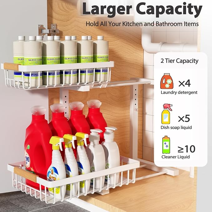 Liuoud Under Sink Organizer 2 Pack, 2 Tier Slide Out Large Capacity Height Adjustable Under Sink Organizers and Storage for Kitchen Bathroom Cabinet, White - Image 2