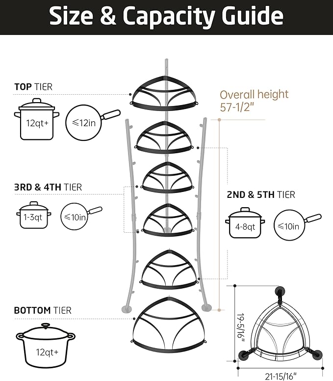 KES 264 Lbs Capacity Freestanding Pot Rack, 6-Tier Cast Iron Cookware Stand with 6 Hooks, Pots and Pans Storage Tower for Kitchen, Stable Base, Anti-tip Strap & Floor Protectors Black, KUR531S6-BK - Image 6