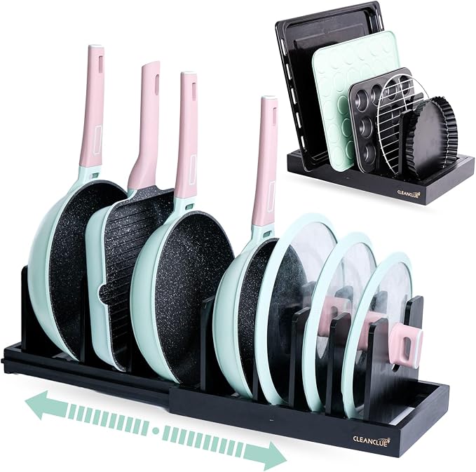 CLEANCLUE Bamboo Pot and Pan Organizers for Kitchen Cabinet Bundle: Black and White - Expandable with Adjustable Dividers - Image 2