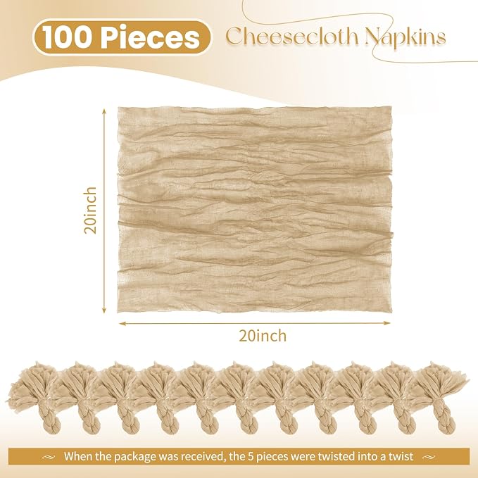 100 Pack Beige Cloth Napkins 20x20 Inch Cheesecloth Napkins | Elegant Cloth Napkins for Table, Washable Rustic Boho Gauze Napkins, for Wedding Party Bridal Baby Shower Dinner Table Decor - Image 2
