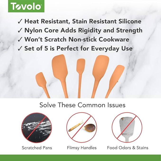 Tovolo Flex Core 5 Piece Silicone Spatula Set Heat Resistant All Silicone Utensils Include Non Stick Spatula Spoonula Jar Scraper, Dishwasher Safe BPA Free Spatulas for Baking Mixing, Apricot Orange - Image 3