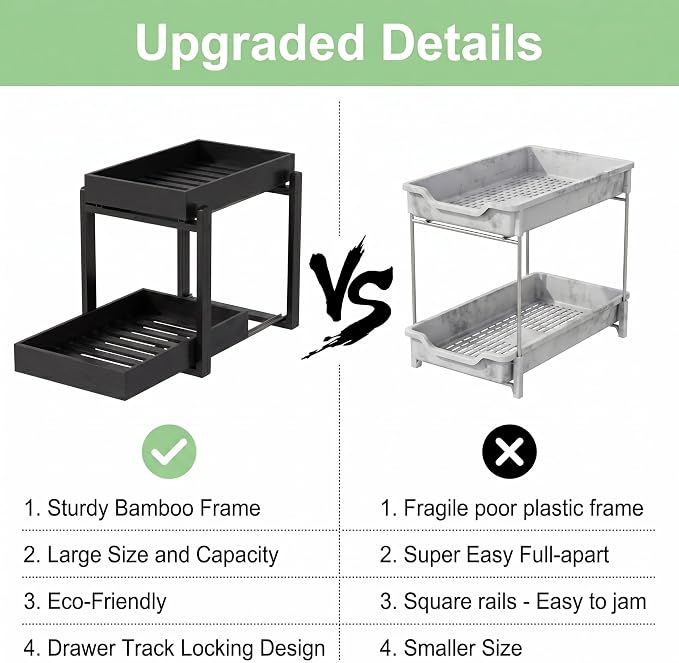 MHXW SXPN Bamboo Under Sink Organizer, 2 Pack Pull Out Cabinet Organizer | 2 Tier Vertical Smooth Slide Out Undersink Storage Shelf | Multi-Purpose Organizer Shelves for Kitchen Bathroom Medicine - Image 6