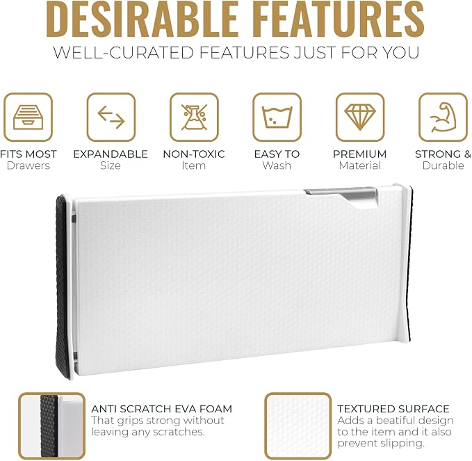 RAPTUROUS Adjustable Deep Drawer Divider – 6" Tall, Expandable 13-22", 4-Pack, Non-Slip Drawer Dividers for Clothes, Dresser, Kitchen & Office Organization (White) - Image 3
