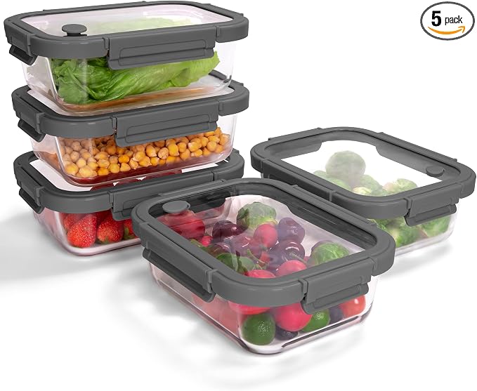 5-Pack Borosilicate Glass Containers with Tempered Glass Lids, 35.2oz/4.4 Cup Airtight Meal Prep Set, Microwave/Freezer Safe (Gray) by BOROHOUSE