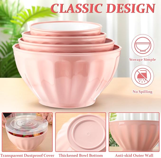 4 Pcs Mixing Bowls with Lids Plastic Nesting Bowls Set with Stainless Steel Colander 8 Pcs Measuring Cups and Spoons Set and Foldable Kitchen Funnel for Kitchen Cooking Accessories (Pink) - Image 3
