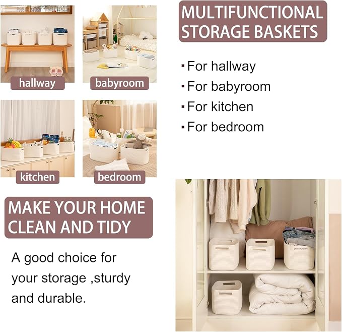 OIAHOMY 4 Pack Storage Baskets for Organizing, Cube Storage Bins for Shelves, Rectangle Storage Baskets With Handles, Woven Baskets for Storage, 12.7''Lx9''Wx7.8''H, White - Image 6