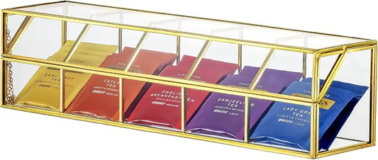 NCYP Glass Tea Bags Organizer with 5 Grids Compartments, Indoor Counter Top Brass Display Case with Lid, Storage Box, Gold, Decor, Teabag Storage, 14.5 x 3.6 x 3.66 Inches (Glass Box Only) by NCYP