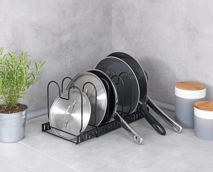 WENKO Pan Storage and Lid Holder, Telescopic Storage for Cupboards with 6 Compartments for Frying Pans and Lids, Cutting Board, Metal, 30-57 x 18 x 18 cm, Black - Image 6