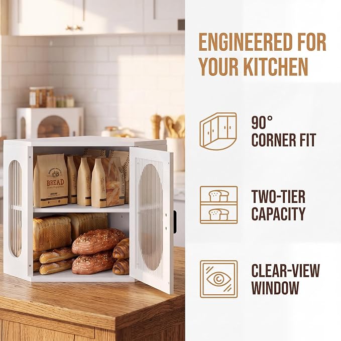 Alpeir Corner Bread Box for Kitchen Countertop, 3 Adjustable Height, White | Solid Pine Wood, Hold 2 Loaves, Strong Acrylic Window, Easily Care, Farmhouse Pantry Container for Home Baker, Family of 4 - Image 5