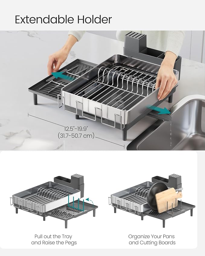 SONGMICS Large Dish Drying Rack, Expandable Dish Dryer for Kitchen Counter, Stainless Steel Dish Rack with Rotatable Spout, Utensil, Cup, Glass, Cutting Board, Pan Holders, Silver and Gray UKCS037G01 - Image 5