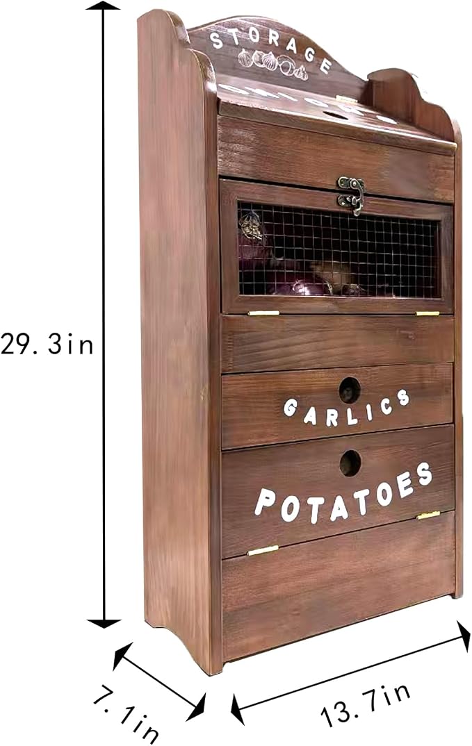ARTAWEIN Pine Wood Veggie Bin for Potato, Onion and 1 Garlic Drawer Vegetable Box for Kitchen Storage, Solid Wood Vegetable Bin 13.77" L X 7.1" W X 29.3" H (Rustic Walnut) - Image 2