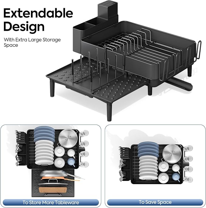 Urackify Expandable Dish Drying Rack, Stainless Steel, Large Capacity | Multifunctional Drainboard for Kitchen Countertop, Removable Cutlery Tray, Foldable Cup Holder, 20.4"L x 20"W, Black - Image 4