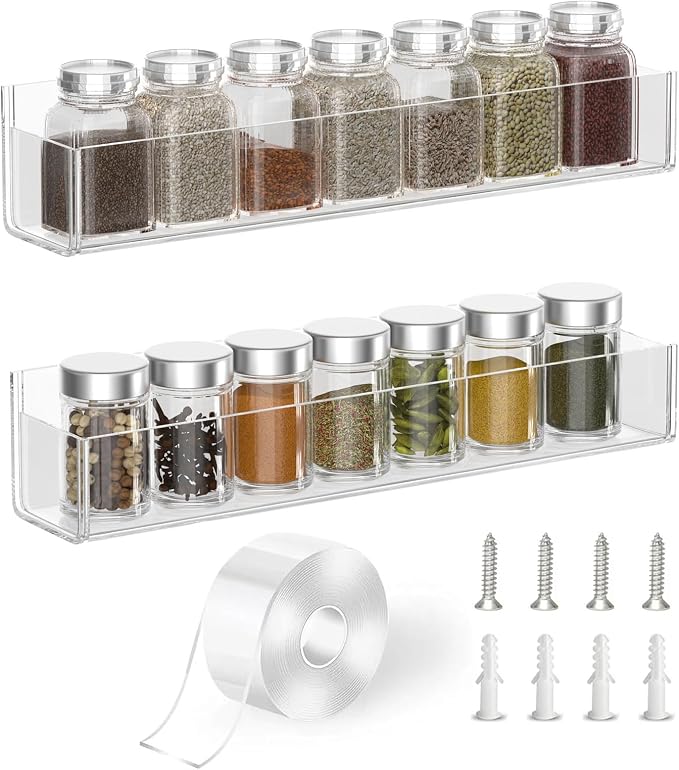 PMMASTO Adhesive Acrylic Spice Rack Organizer for Wall with Nano Double Sided Tape, Spice Shelf Organization for Kitchen Cabinet Door/Pantry Door, Wall Mount Seasoning Rack (Clear-2 Pack) - Image 9