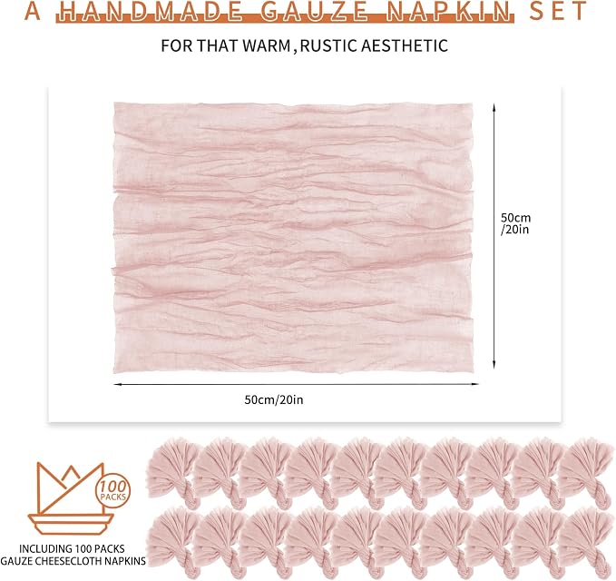 Teruntrue 100 Pack Pink Cheese Cloth Napkins Gauze Napkins Bulk Set of 100 Washable Boho Dinner Table Napkins for Wedding Party Baby Shower Birthday Party Decorations，20 x 20 Inch - Image 2
