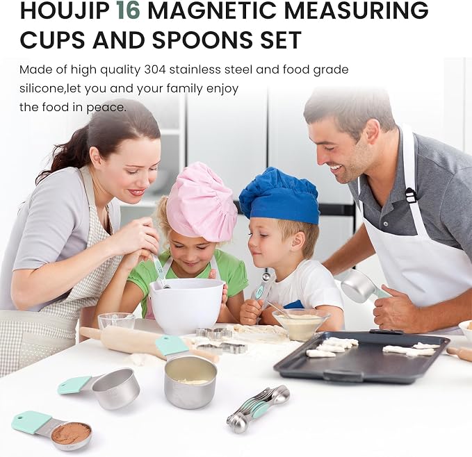 Magnetic Measuring Cups and Spoons Set-Heavy Duty 304 Stainless Steel，Double Measurement Markings，Set of 16 with Leveler for Measure Dry and Liquid Ingredients (Mint) - Image 3