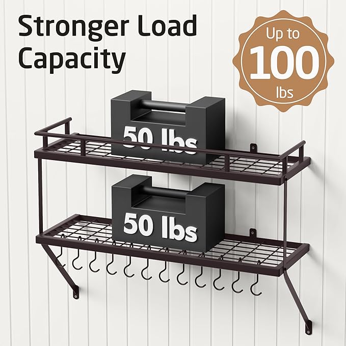 KES 30-Inch Oiled Bronze Pot Rack Wall Mounted, 100 Lbs Capacity, 12 Hooks | 2-Tier, Cast Iron Pots and Pans Organizer Hanging, Kitchen Wall Hanger Shelves, Farmhouse Style, KUR215S75B-OB - Image 4