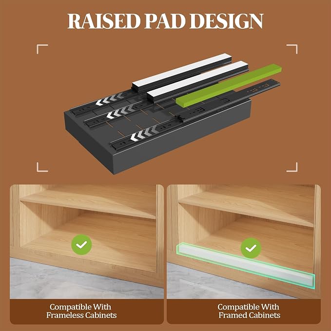 Seinloes 4 Pack Expandable Pull Out Cabinet Organizer 21" Deep With Raising Pad for Framed Cabinets,Upgrade 3 Slide Rails Slide Out Drawers,No Drill Roll Out Shelves,Adjustable Width 9"-14" Black - Image 2
